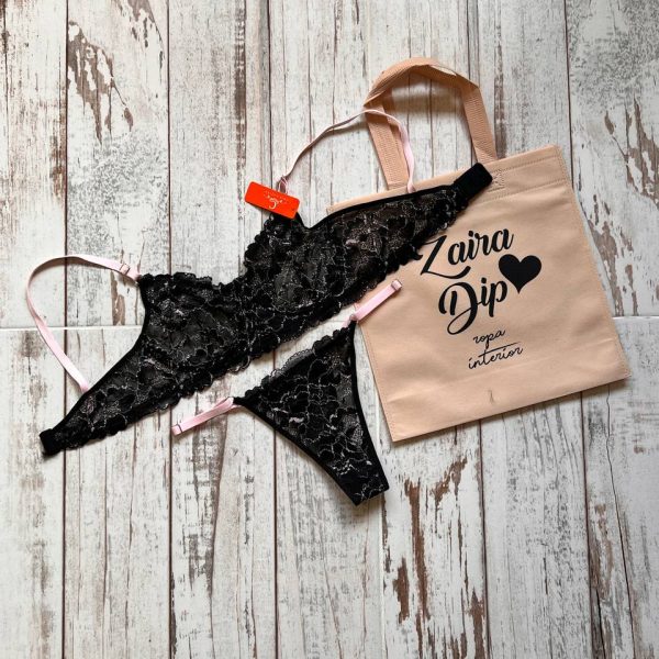 ART 7016 CL - CONJUNTO PUNTILLA BICOLOR BORDADA C/ARO - LESS REGULABLE NEGRO